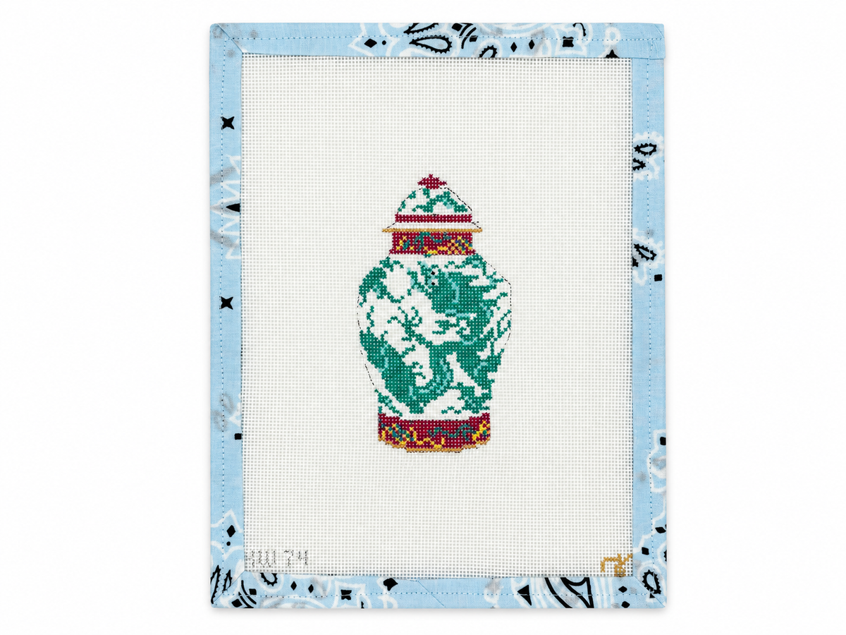 Dragon Ginger Jar needlepoint canvas by Kate Woodward for The Gingham Stitchery on 18 mesh. An unstitched chinoiserie project; threads not included.