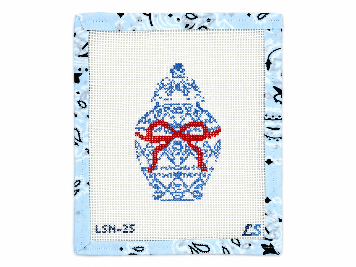 Chinoiserie Ginger Jar with Bow needlepoint canvas by Lake Shore Needlepoint. 18 mesh, 3" x 5" design. Canvas only; threads not included.