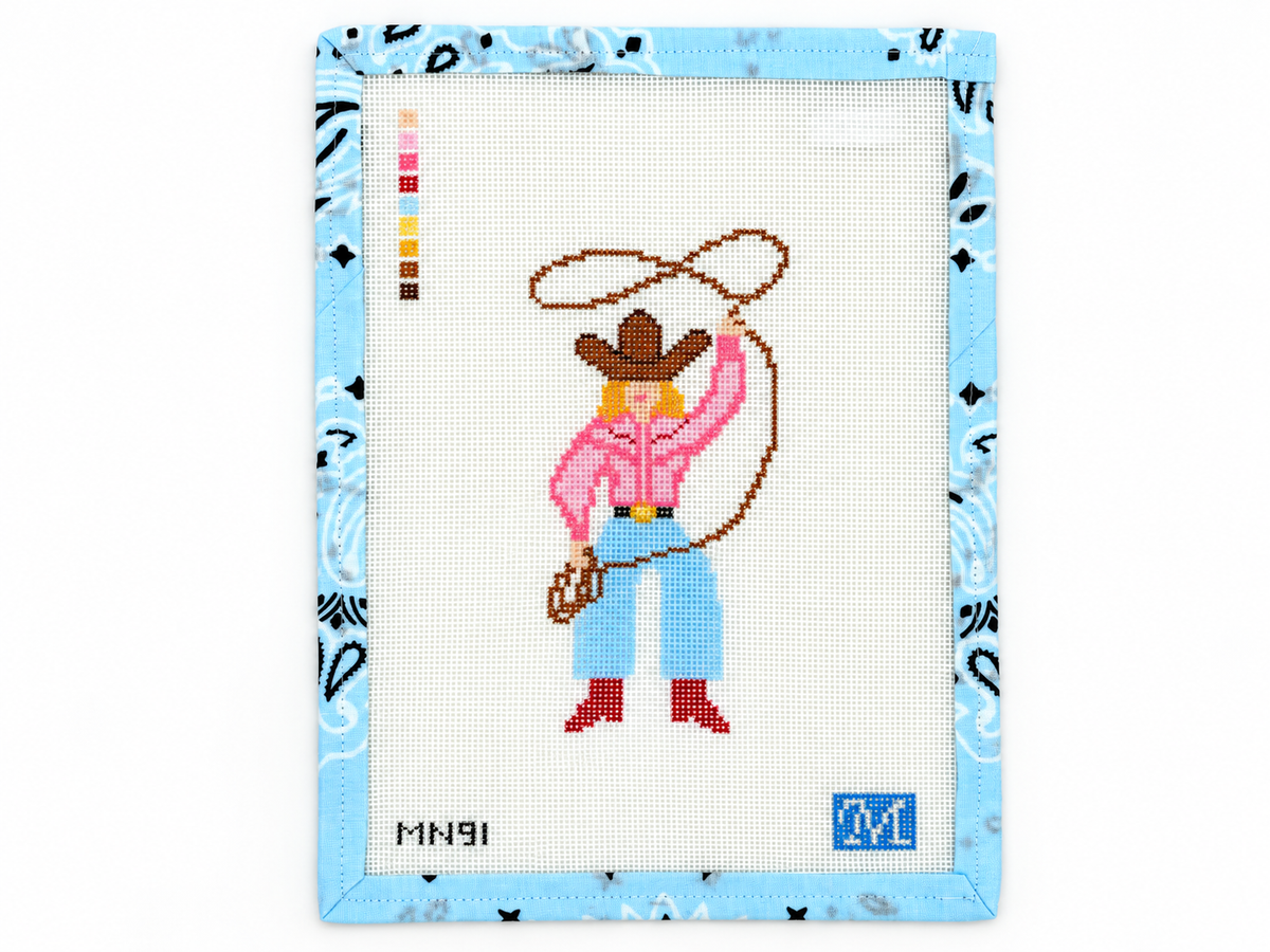 Shop Cowgirl by Maura Nolan Designs at Fair Isle Needleworks. A 2.75 x 5.5-inch needlepoint design on 18 mesh. Threads not included.