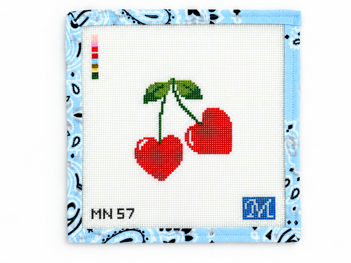 Shop Cherry Love Bomb by Maura Nolan Designs at Fair Isle Needleworks. A 3.5 x 3.5-inch needlepoint design on 13 mesh. Threads not included.