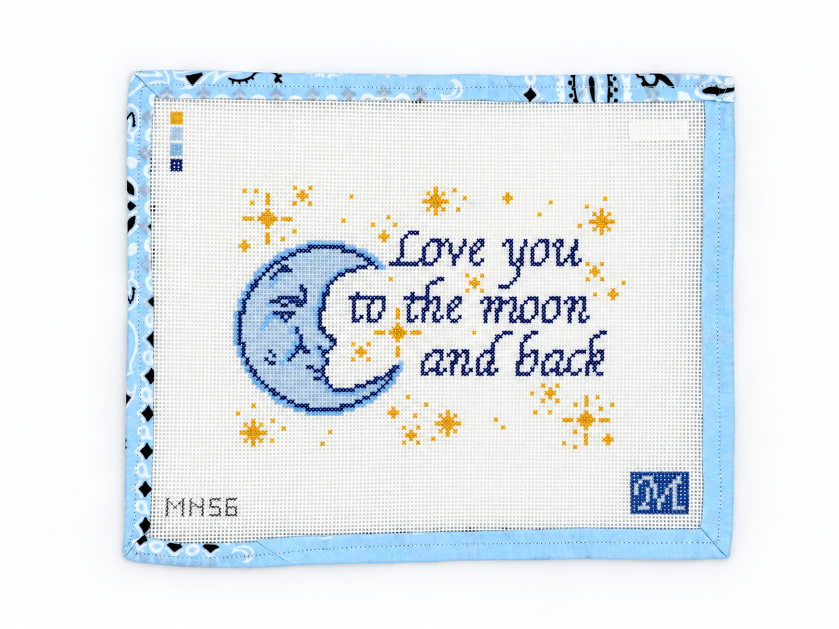 Shop Love You to the Moon and Back by Maura Nolan Designs. Hand-painted 13 mesh needlepoint canvas with a 6 x 9-inch design. Threads not included.