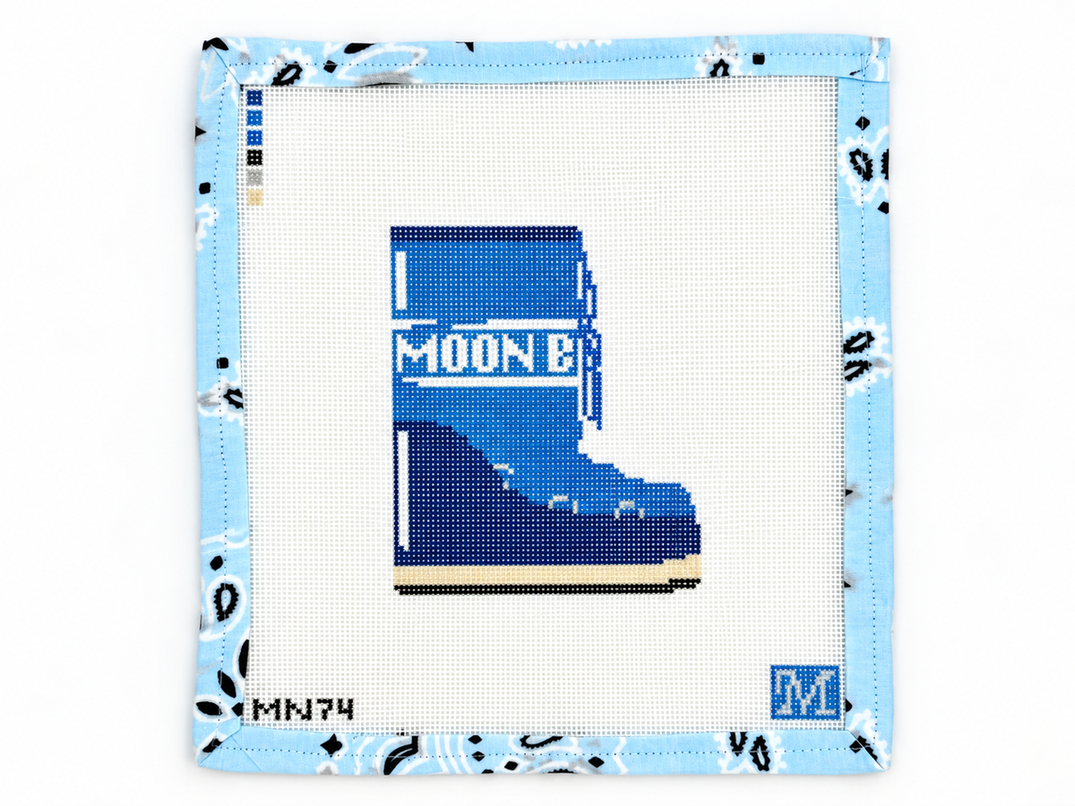 Shop Moon Boot by Maura Nolan Designs at Fair Isle Needleworks. An 18 mesh needlepoint canvas measuring 4.5 x 3.75 inches. Threads not included.