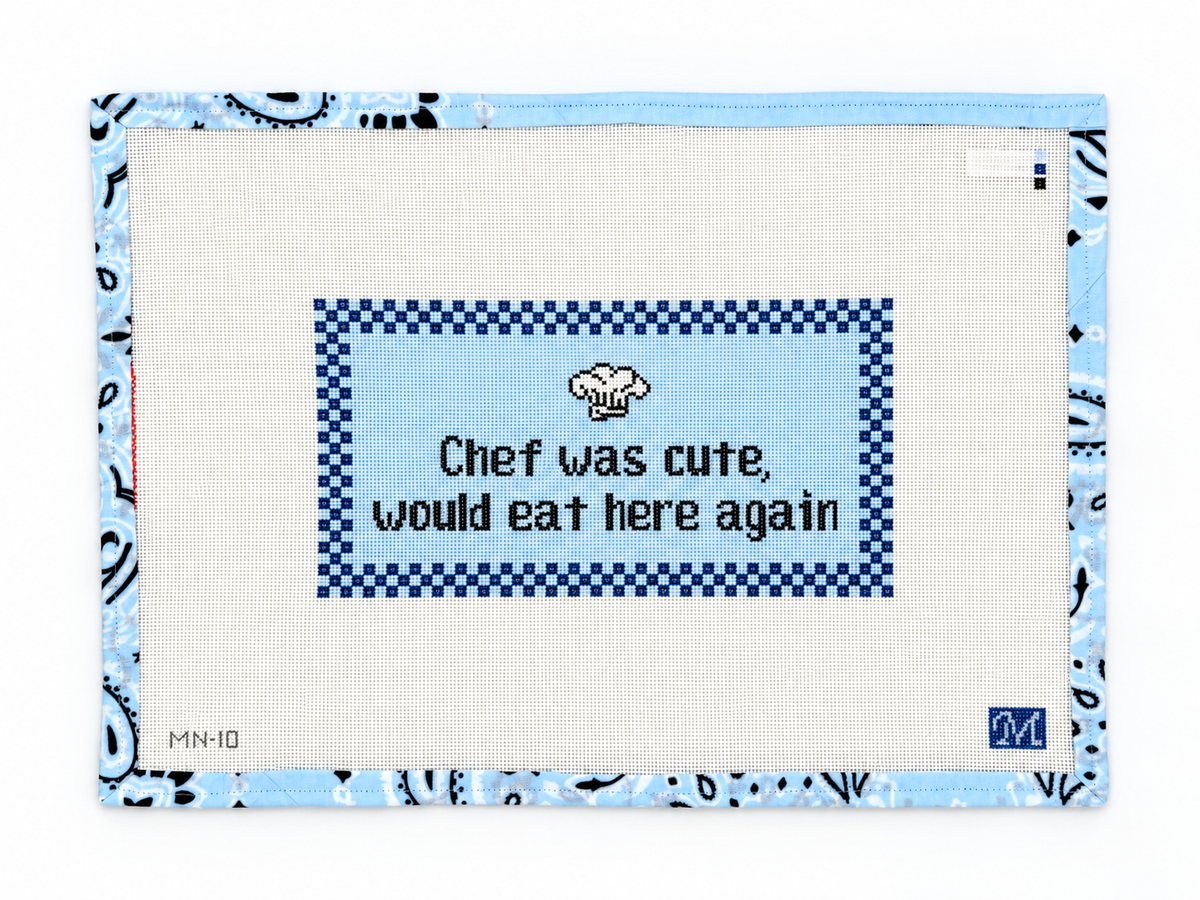 Shop Chef Was Cute by Maura Nolan Designs at Fair Isle Needleworks. An 8.5 x 4.5-inch needlepoint canvas on 18 mesh. Threads not included.