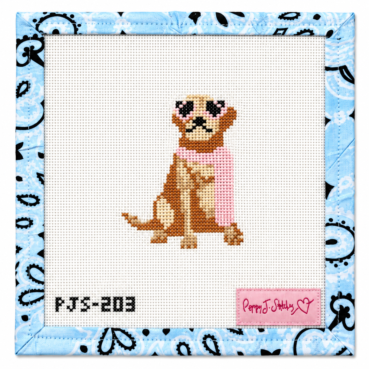 Hand-painted Mini Fab Pup Yellow Lab needlepoint canvas by Poppy J Stitches. 18 mesh, 2x3" design. Threads not included. Shop premium dog canvases.