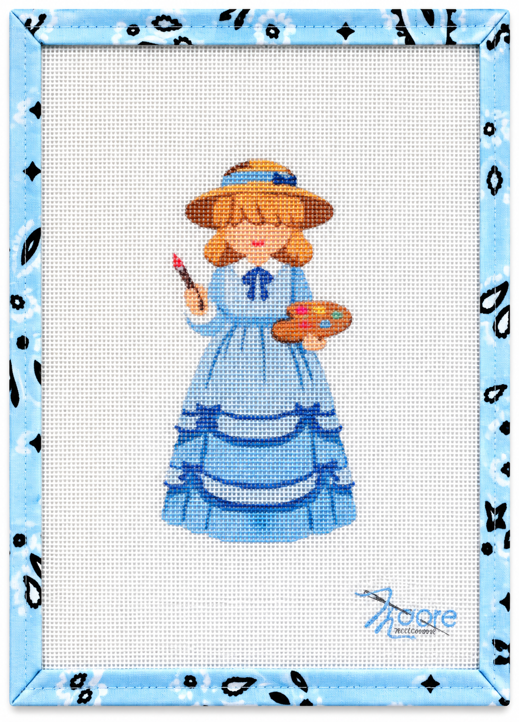 Stitch Amy from Little Women with this 18-mesh hand-painted needlepoint canvas by Moore Stitching — approximately 3" x 5". Collect all four Little Women characters. Canvas only; threads not included.