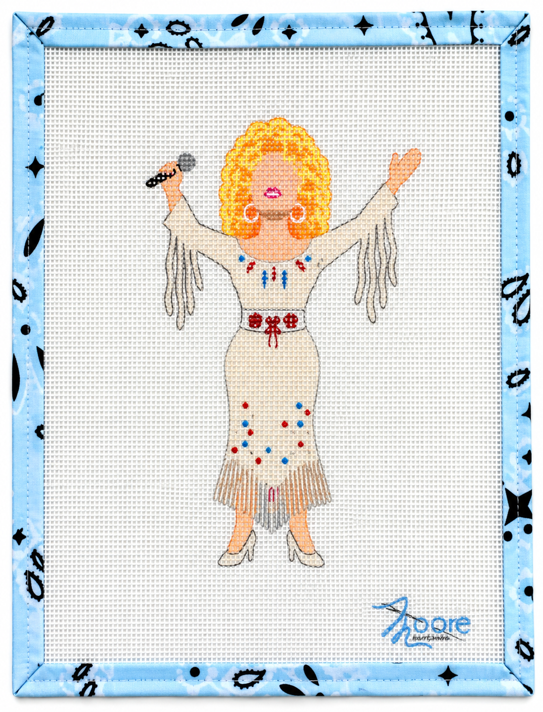 Pay tribute to an icon with the Dolly Parton needlepoint canvas by Moore Stitching — 18 mesh, approx. 5" x 3". Hand-painted and full of character. Canvas only; threads not included.