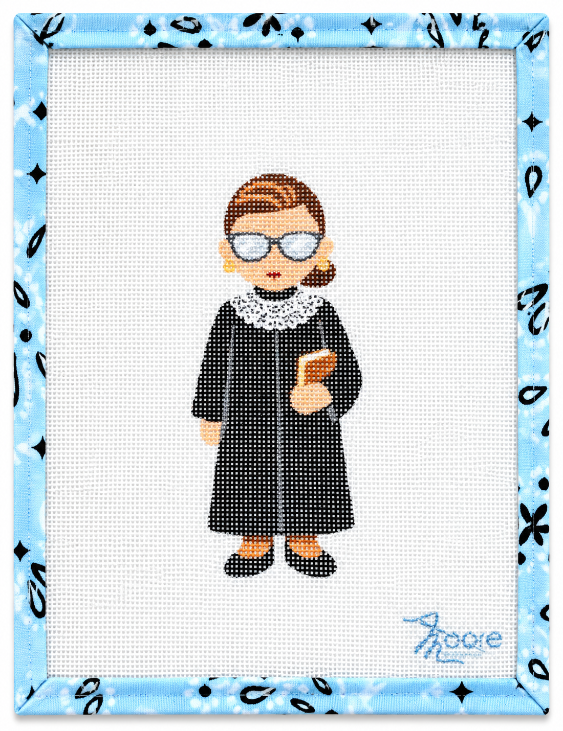 Honor the Notorious RBG with this needlepoint canvas by Moore Stitching — 18 mesh, approx. 3" x 5". A thoughtful gift or keepsake celebrating the legacy of Justice Ruth Bader Ginsburg. Canvas only; threads not included.