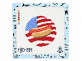 American Flag Hot Dog needlepoint canvas by Morgan Julia Designs on 13 mesh, 4.5" round. Canvas only; threads not included.