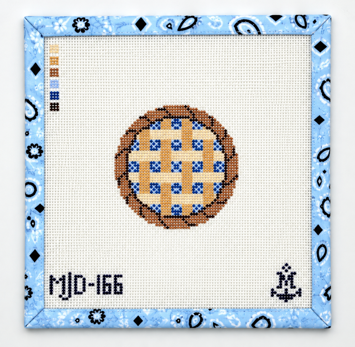 Stitch a charming blueberry pie on 13-count mesh. This 4-inch needlepoint canvas is by Morgan Julia Designs. Threads are not included.