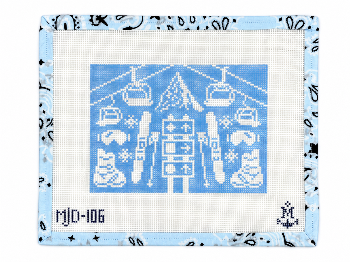 Ski Slope Soiree needlepoint canvas by Morgan Julia Designs on 13 mesh. Approx. 5" x 7" stitched design. Canvas only; threads not included.