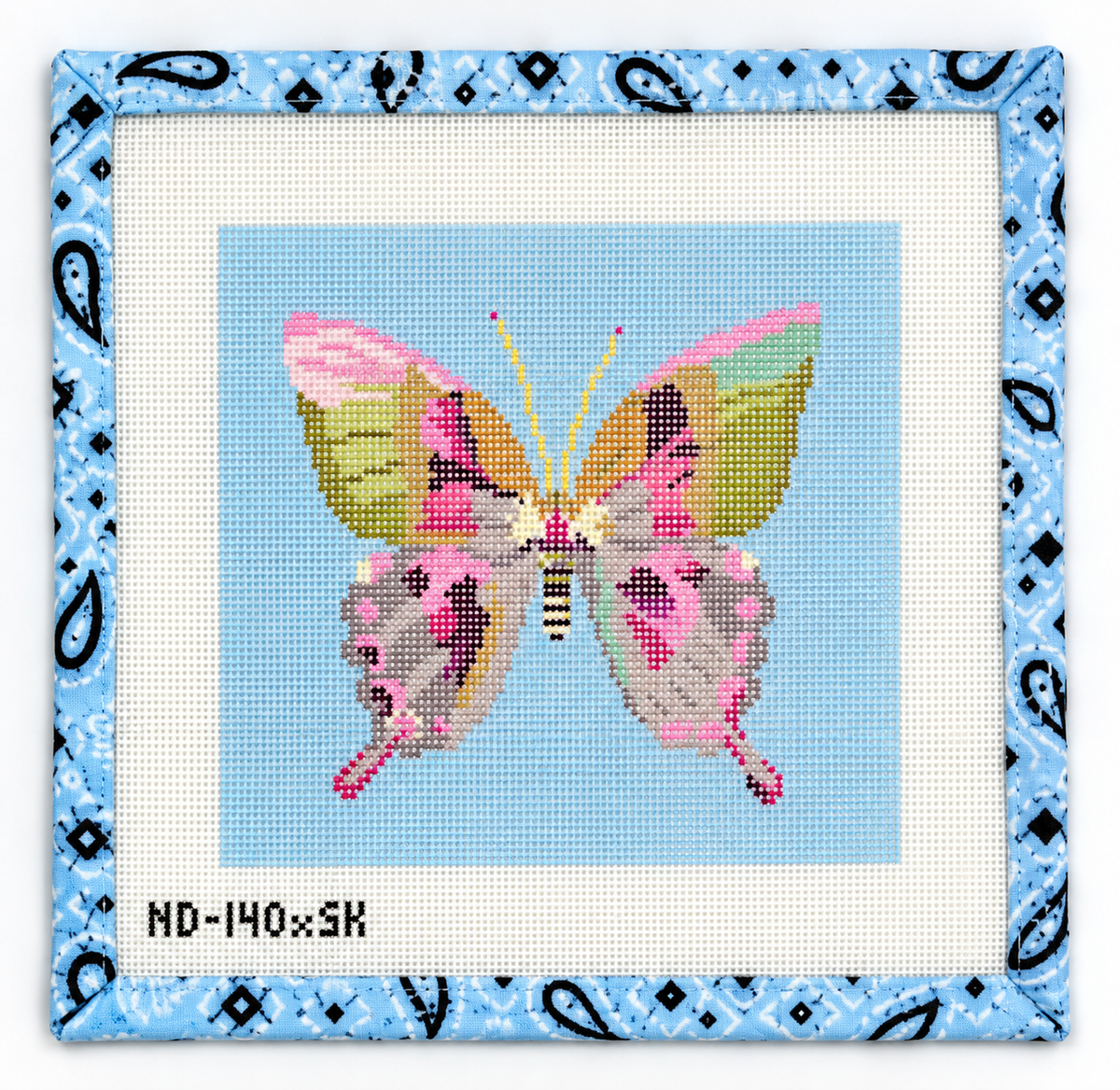 Stitch an 8-inch gold and green butterfly needlepoint canvas by Nash and Daughters, featuring Sara Kay Michael's artwork. 13 mesh; threads sold separately.