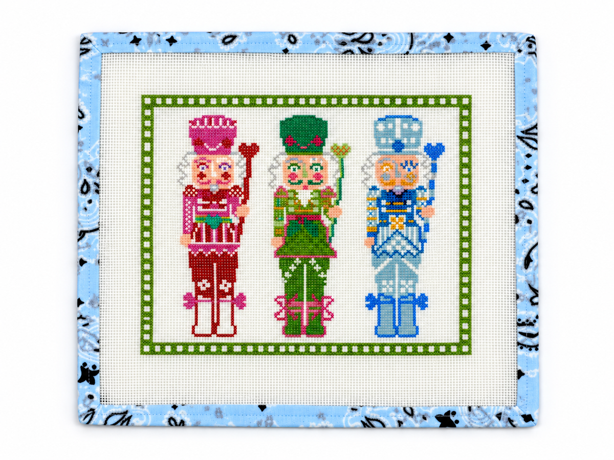 Shop Sara Kay Three Nutcrackers from Nash & Daughters, a 13 mesh needlepoint canvas with a 10.75" x 8.25" design. Threads not included.