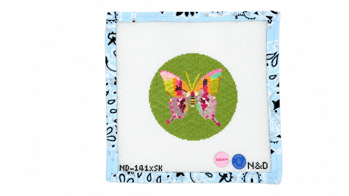 Shop Blue Butterfly by Nash & Daughters: a 4-inch round, stitch-printed needlepoint canvas on 18 mesh with a digital stitch guide. Threads not included.