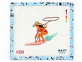 Catch a wave with this Silk Snail coastal cowgirl surfing needlepoint canvas from Navy Noo. Design approx. 8 x 7" on an 11.5 x 10.4" canvas.