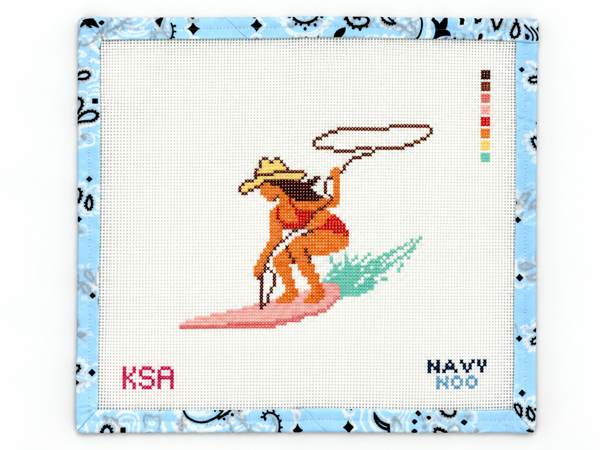 Catch a wave with this Silk Snail coastal cowgirl surfing needlepoint canvas from Navy Noo. Design approx. 8 x 7" on an 11.5 x 10.4" canvas.