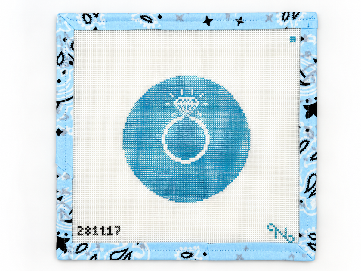 Stitch a keepsake engagement ornament on this 18 mesh needlepoint canvas, with room to personalize the date. 8 x 8" canvas, 4 x 4" design.