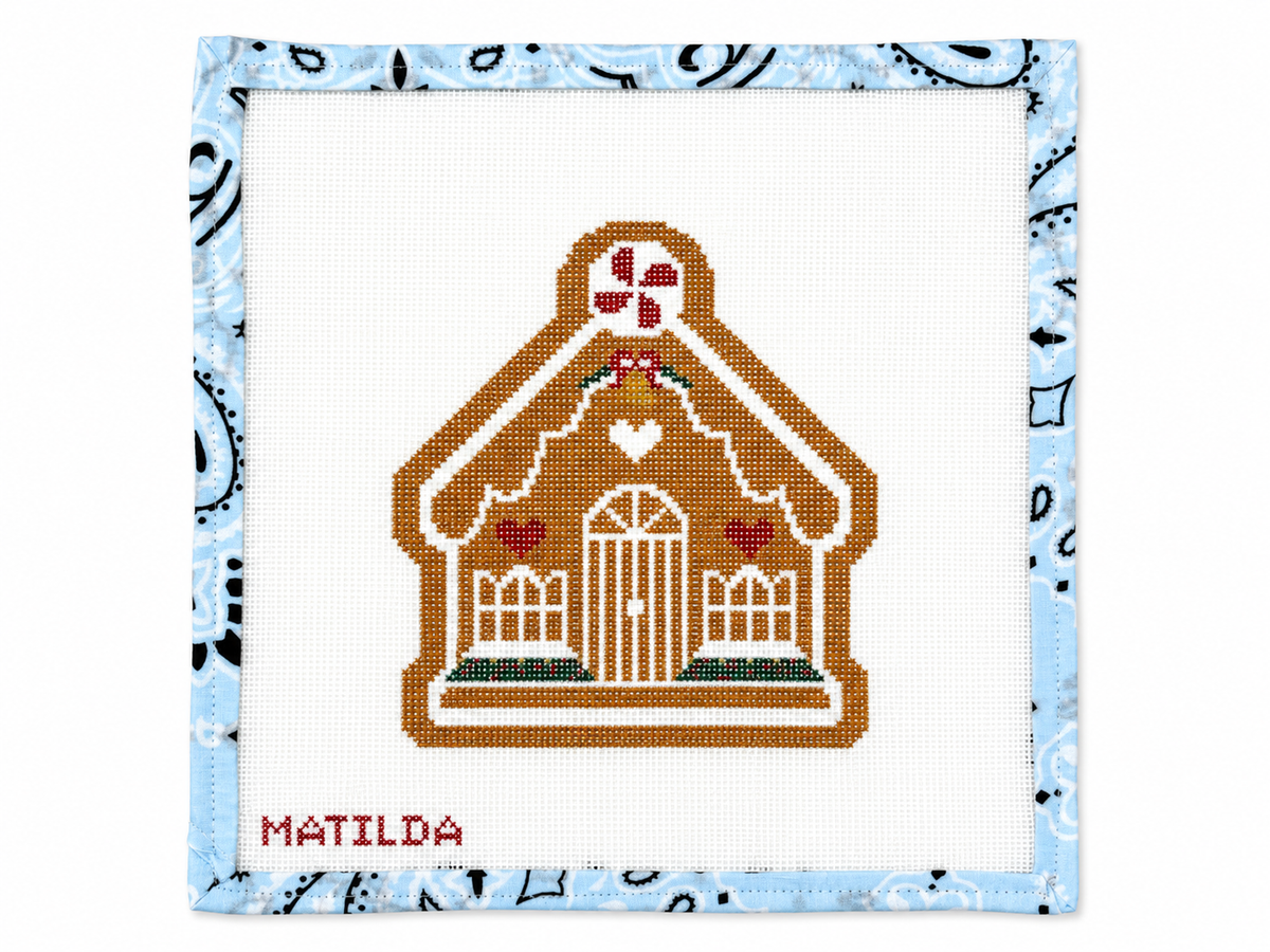 Stitch-painted Gingerbread House with Bell needlepoint canvas by Oz Needle and Thread. 18 mesh, 5x5". Canvas only, threads not included.