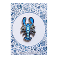 Blue and silver lobster pin on a floral patterned card with 'Penny Lin Designs' branding.