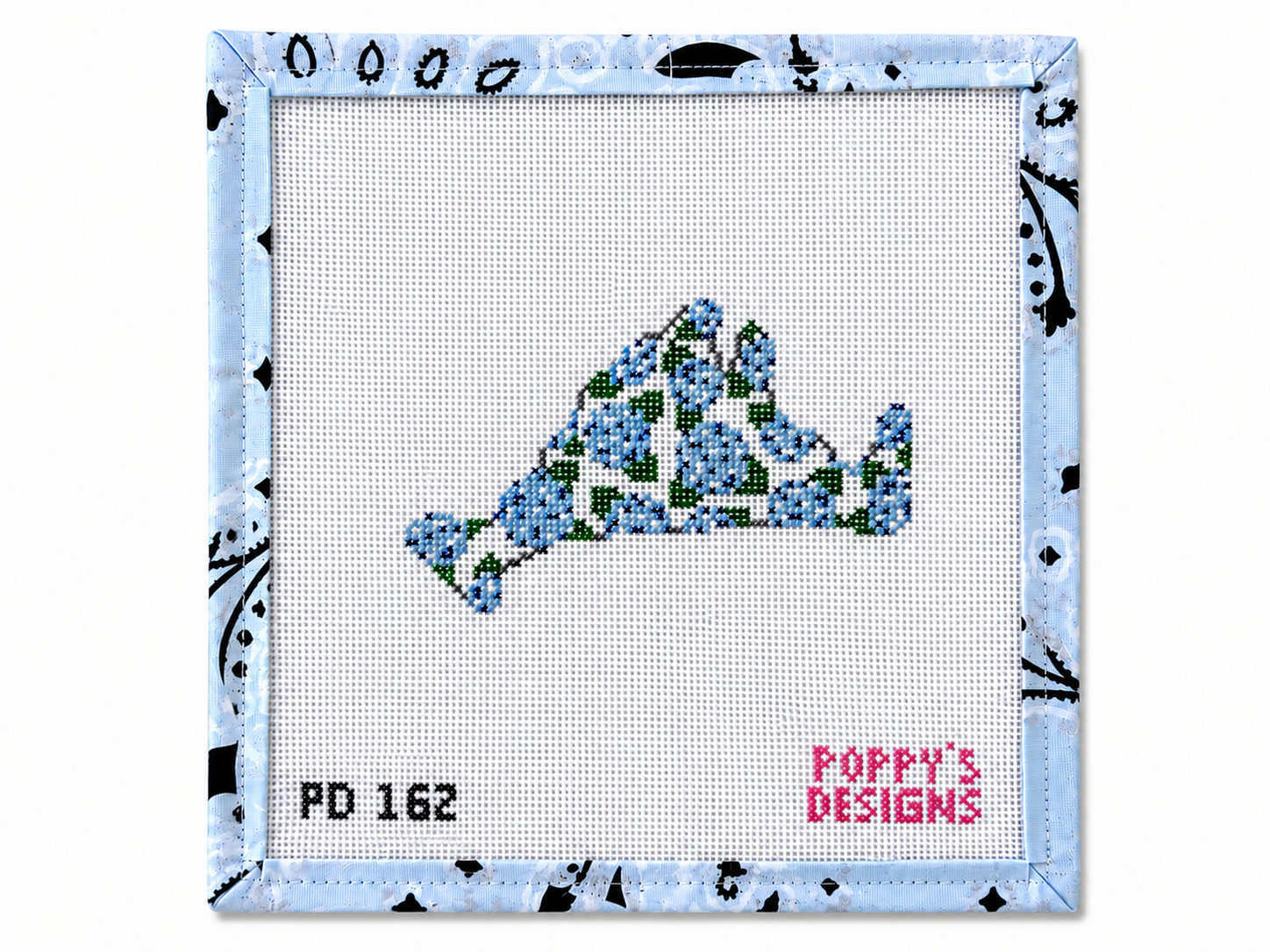 Hand-painted Hydrangea Martha's Vineyard needlepoint canvas by Poppy Designs. 18 mesh, 4x2.75" design. Threads not included. Shop premium canvases.