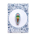 Colorful ice cream cone pin on a floral card with 'Penny Linn Designs' branding.