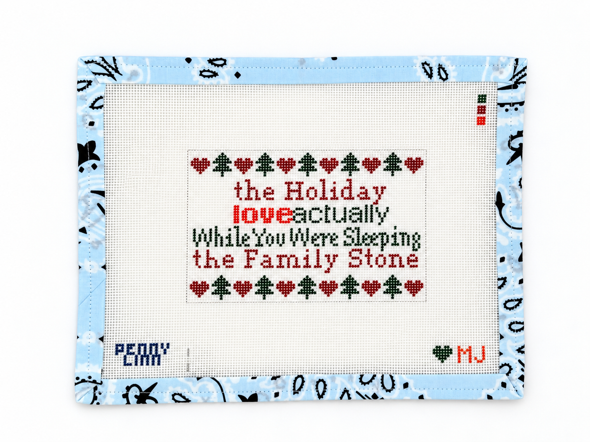 Shop Holiday RomCom Lineup by Penny Linn. A stitch-painted 4.9 x 3.2-inch design on 18 mesh at Fair Isle Needleworks. Threads not included.