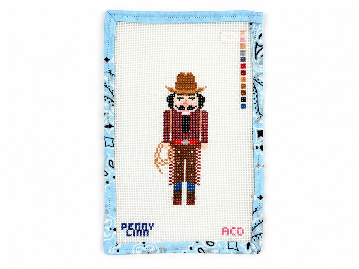 Shop Penny Linn's Medium Cowboy Nutcracker needlepoint canvas at Fair Isle Needleworks. A 3 x 7-inch design on 13 mesh. Threads not included.