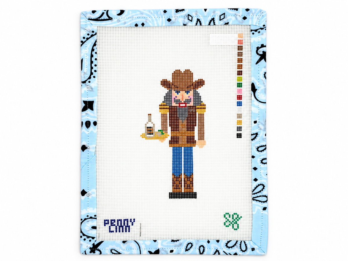 Shop Mini Tito's Cowboy Nutcracker by Penny Linn, an 18 mesh needlepoint canvas at Fair Isle Needleworks. Threads not included; canvas is not pre-stitched.