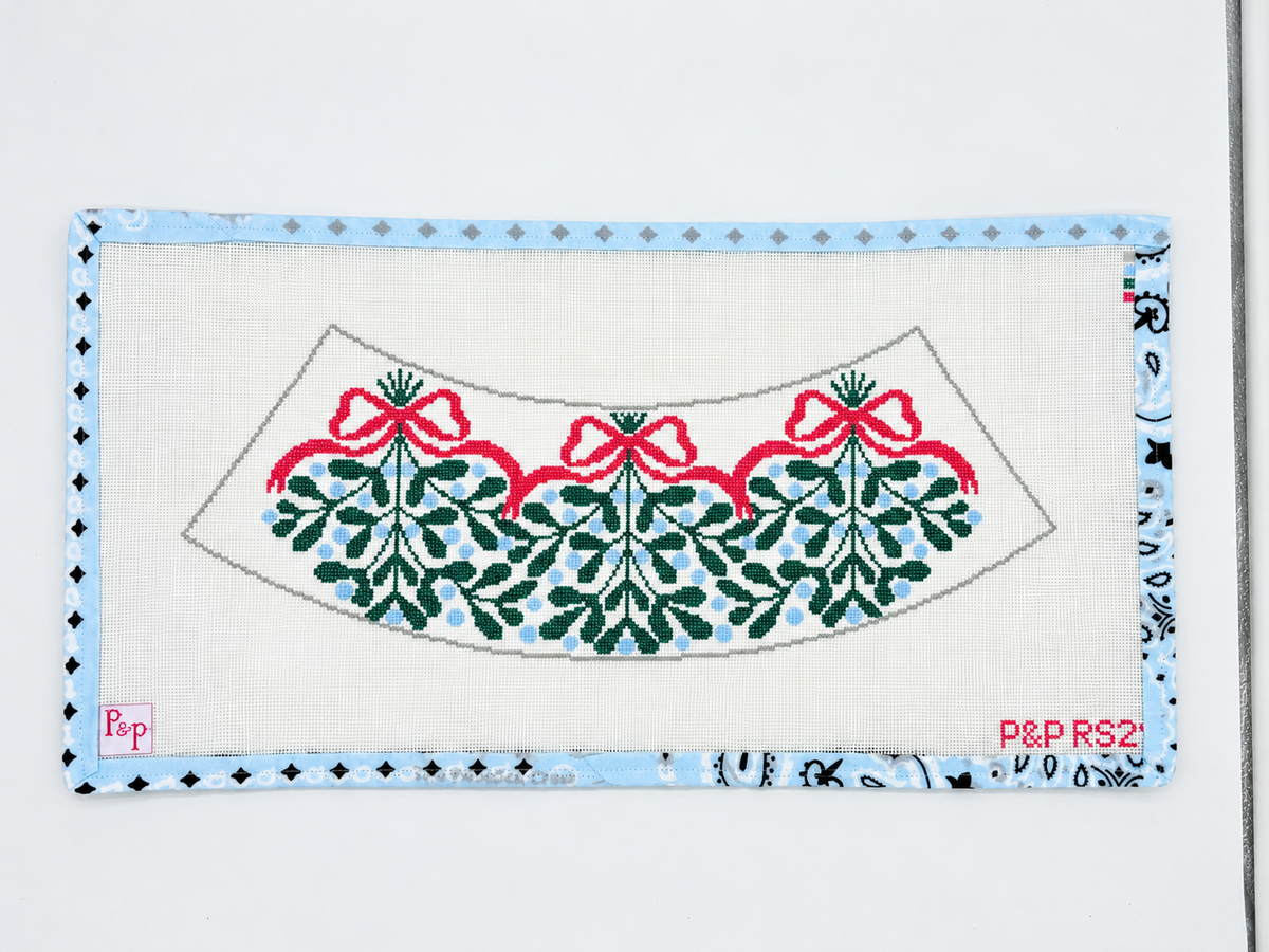 Stitch a charming Red Bow lampshade with this Penny and Penny needlepoint canvas. 18 mesh, 14” x 6”. Threads not included.