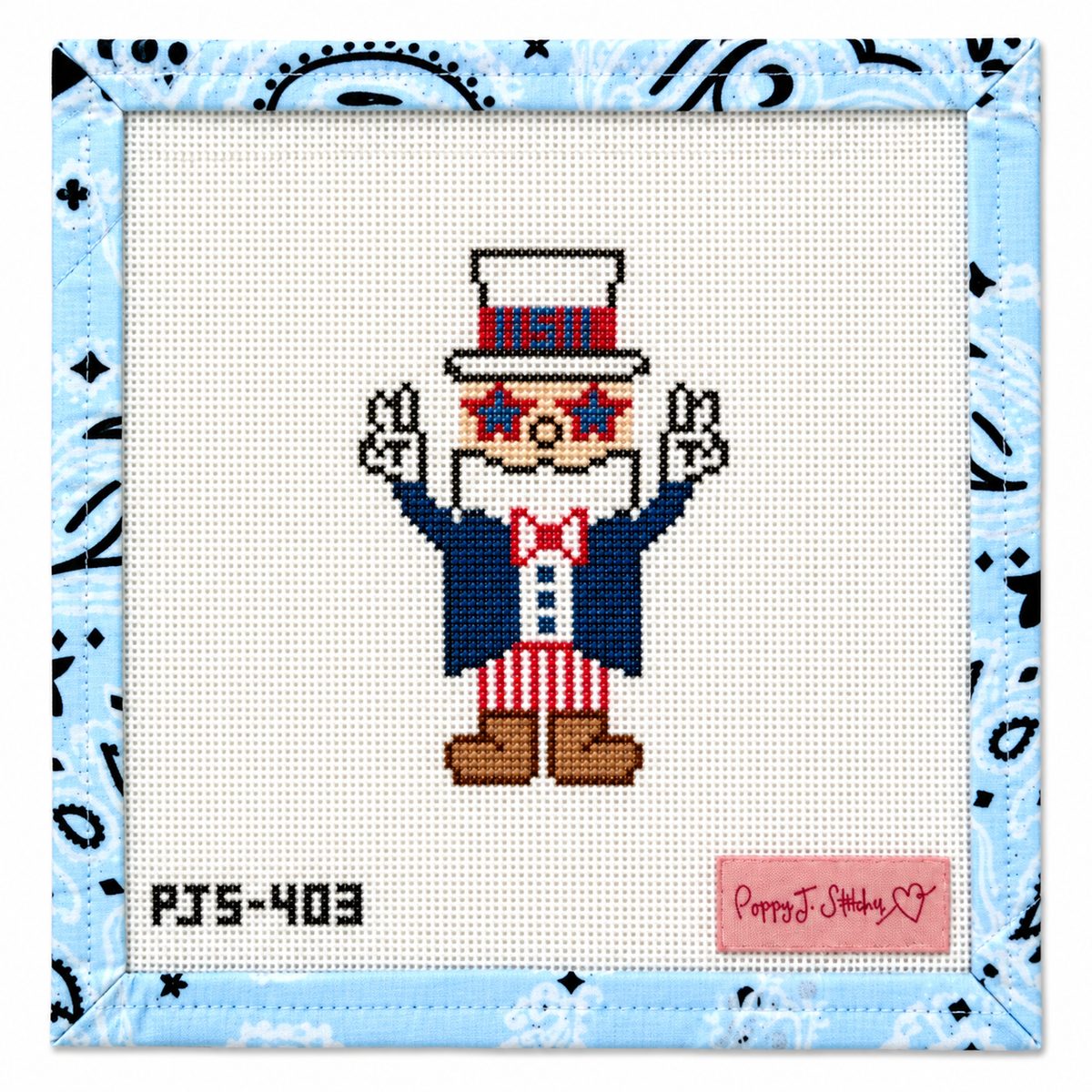 Hand-painted Influencer Uncle Sam needlepoint canvas by Poppy J Stitches. 18 mesh, 4x3" design. Threads not included. Shop premium patriotic canvases.