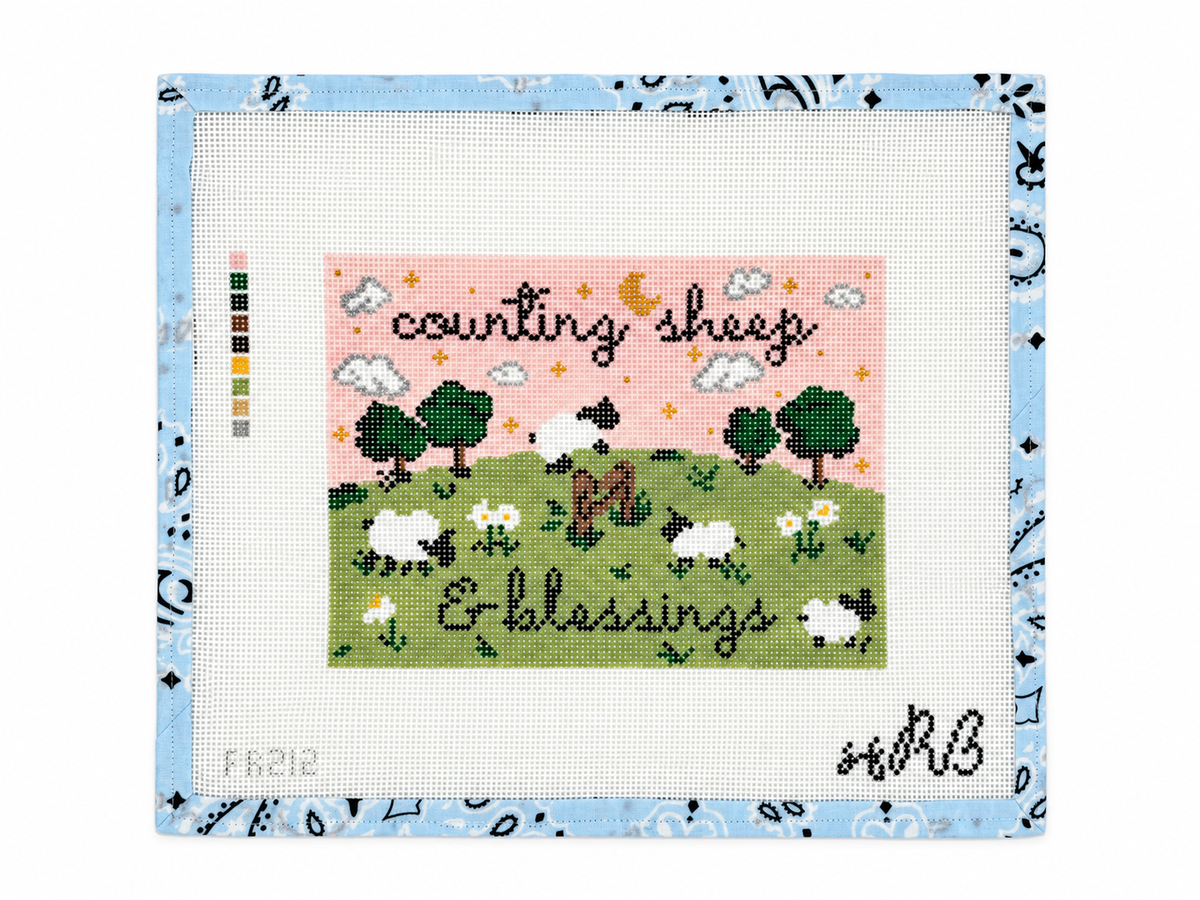 Counting Sheep and Blessings needlepoint canvas by Rachel Barri on 13 mesh, measuring 8 x 6 inches. Canvas is unstitched; threads not included.