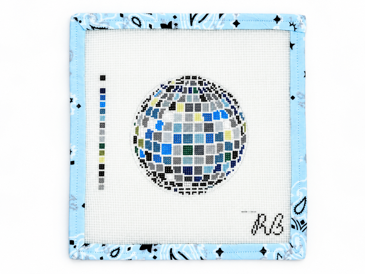 Stitch Rachel Barri's Disco Ball needlepoint canvas, a 4-inch round design on 18 mesh. Shop Fair Isle Needleworks. Threads sold separately.
