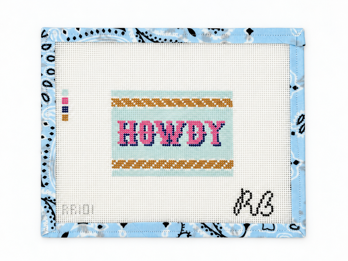Howdy needlepoint canvas by Rachel Barri, stitch painted on 18 mesh with a 3 x 4.5-inch design. Unstitched canvas; threads not included.