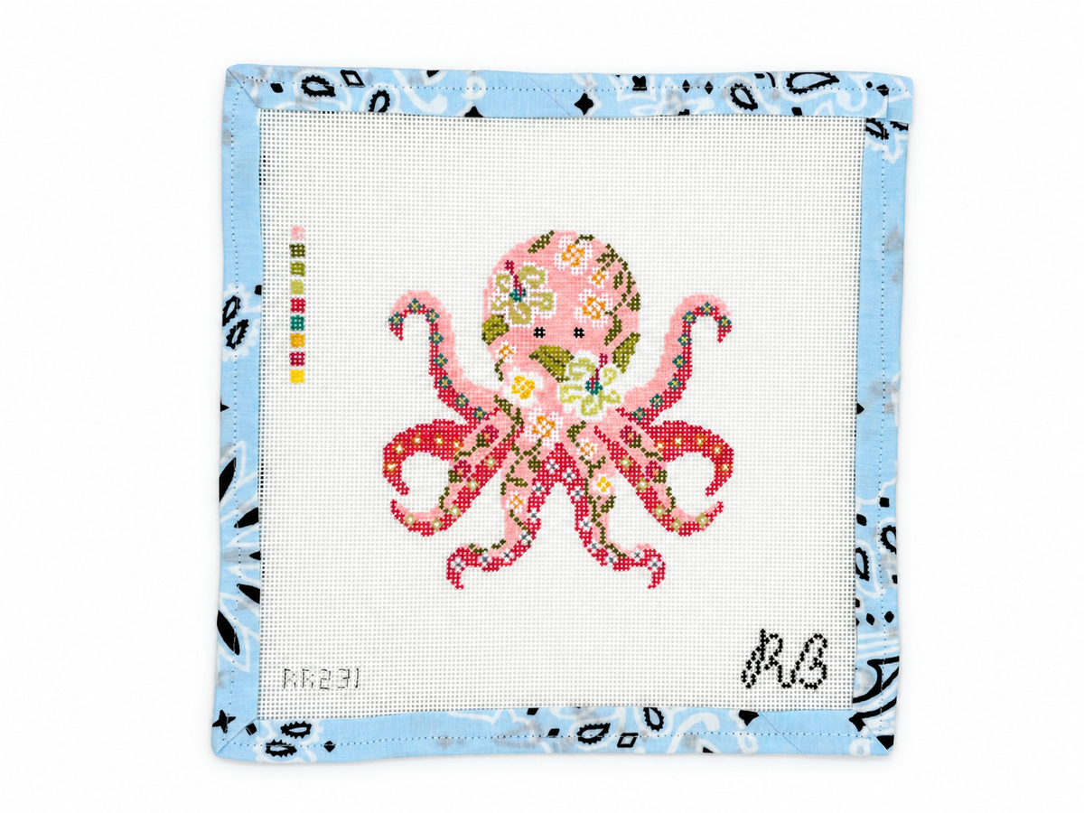 Opal the Octopus needlepoint canvas by Rachel Barri, hand-painted on 18 mesh. Features a 5 x 4.5-inch design. Threads not included.
