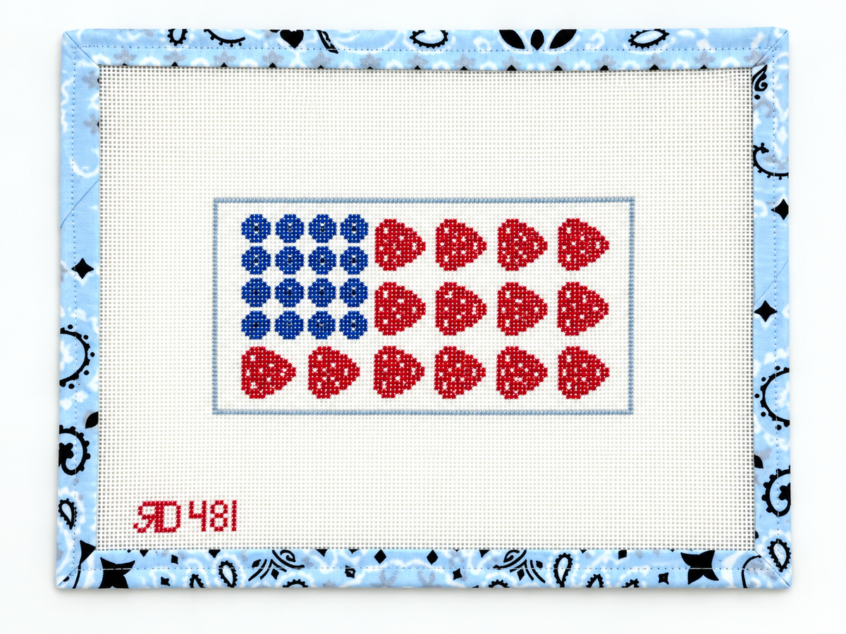Stitch a festive flag cake with this 3 x 6" clutch insert needlepoint canvas by Rachel Donley on 18 mesh. A sweet patriotic project. Shop now.