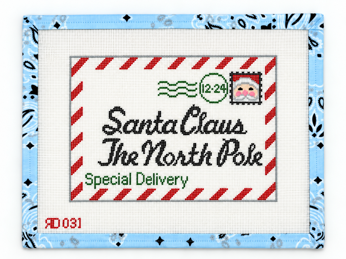 Stitch a festive Santa Claus letter with this 18 mesh needlepoint canvas by Rachel Donley (RD031). Approx. 5.5 x 8.5". A charming Christmas project.