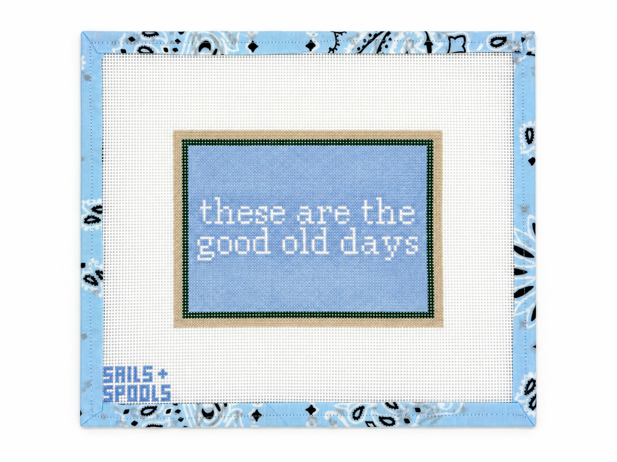 These Are the Good Old Days needlepoint canvas by Sails & Spools on 13-count mesh. Features a 7 x 5-inch design. Threads not included.