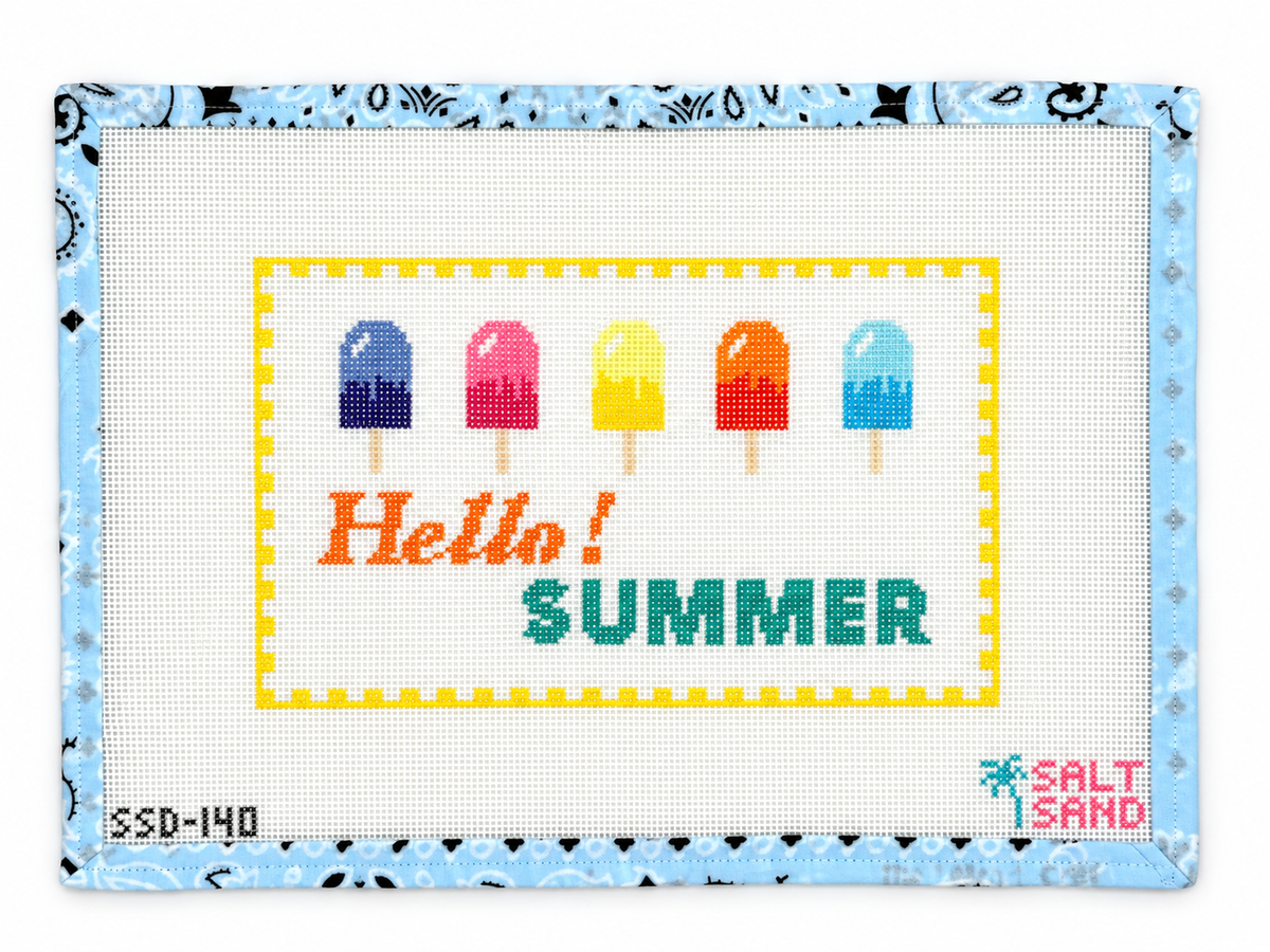 Hello Summer needlepoint canvas by Salt and Sand on 13 mesh, about 10" x 6". Canvas only; threads sold separately.