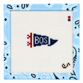 Hand-painted Mini Boston "BOS" pennant needlepoint canvas by Sunday Shoppe. 18 mesh, 1.5x2.5" design. Threads not included. Shop premium canvases.