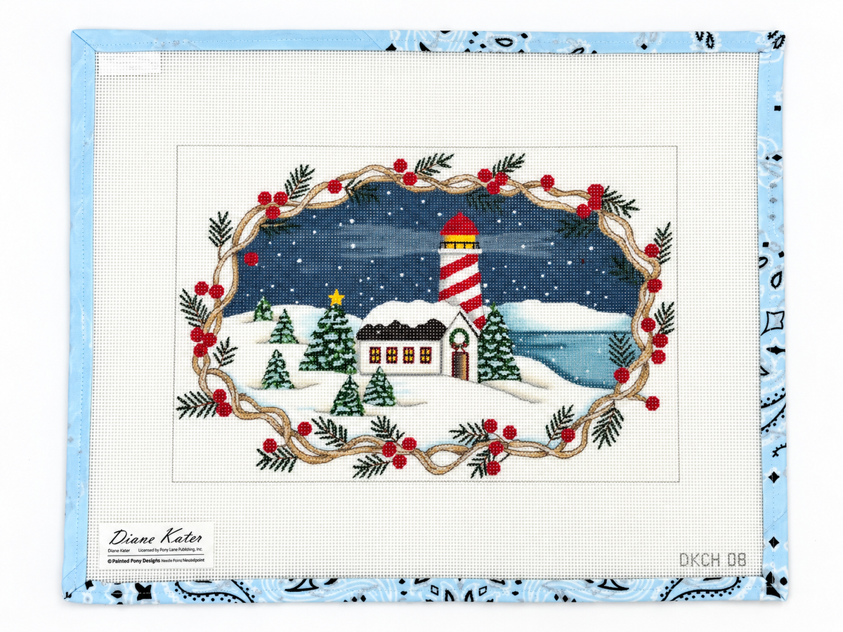 Stitch a vintage White Lighthouse needlepoint canvas that would make an elegant holiday tray for your entertaining table. 18 mesh. Threads not included.