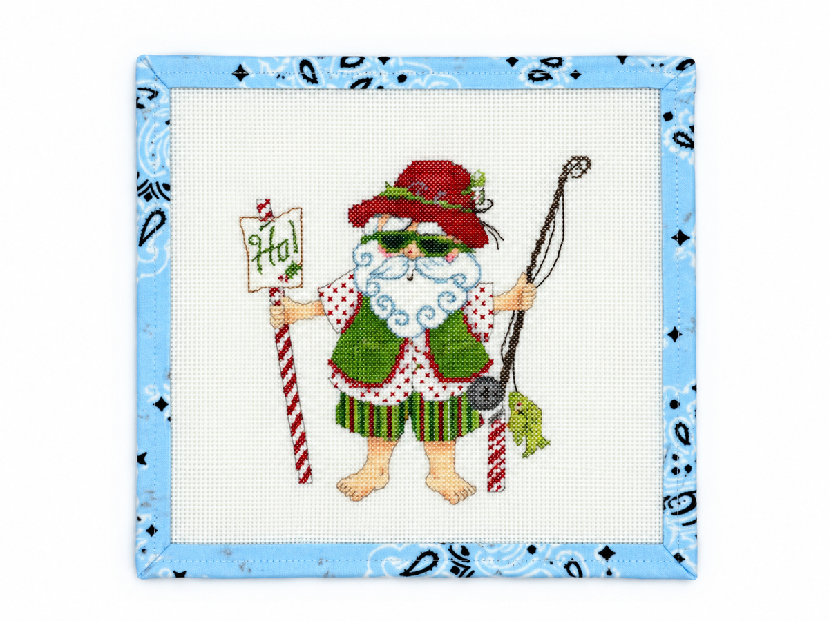 Shop Fishing Santa needlepoint canvas at Fair Isle Needleworks. Vintage Santa gone fishing on 18 mesh. Unstitched; threads not included.