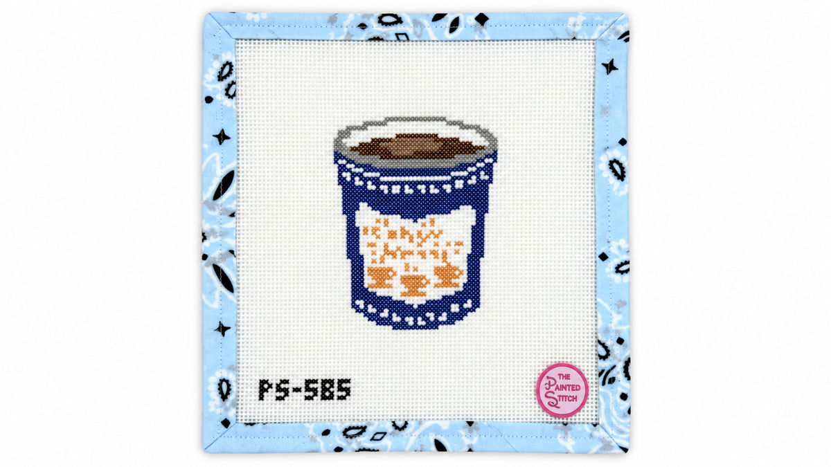 Stitch a NYC classic with The Painted Stitch's blue Greek coffee cup needlepoint canvas. 13 mesh with a 3.5 x 3 in design. Threads not included.