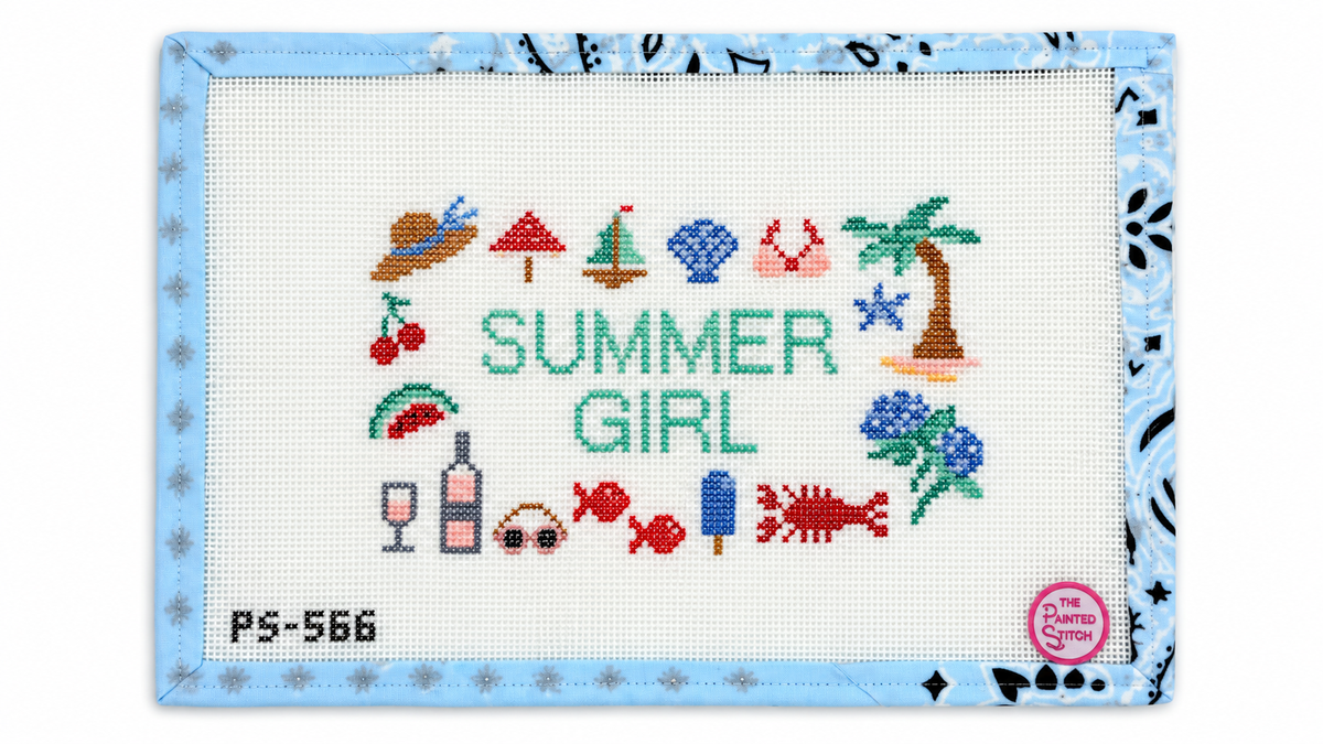 Shop Summer Girl by The Painted Stitch, a 14 mesh needlepoint canvas with a 7.5" x 5" summer-inspired design. Threads not included.