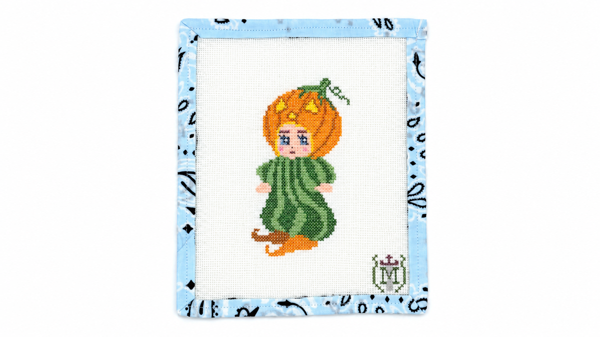 Shop the Kewpie Jack-O-Lantern needlepoint canvas at Fair Isle Needleworks. A 4 x 3-inch Halloween design on 18 mesh. Threads not included.