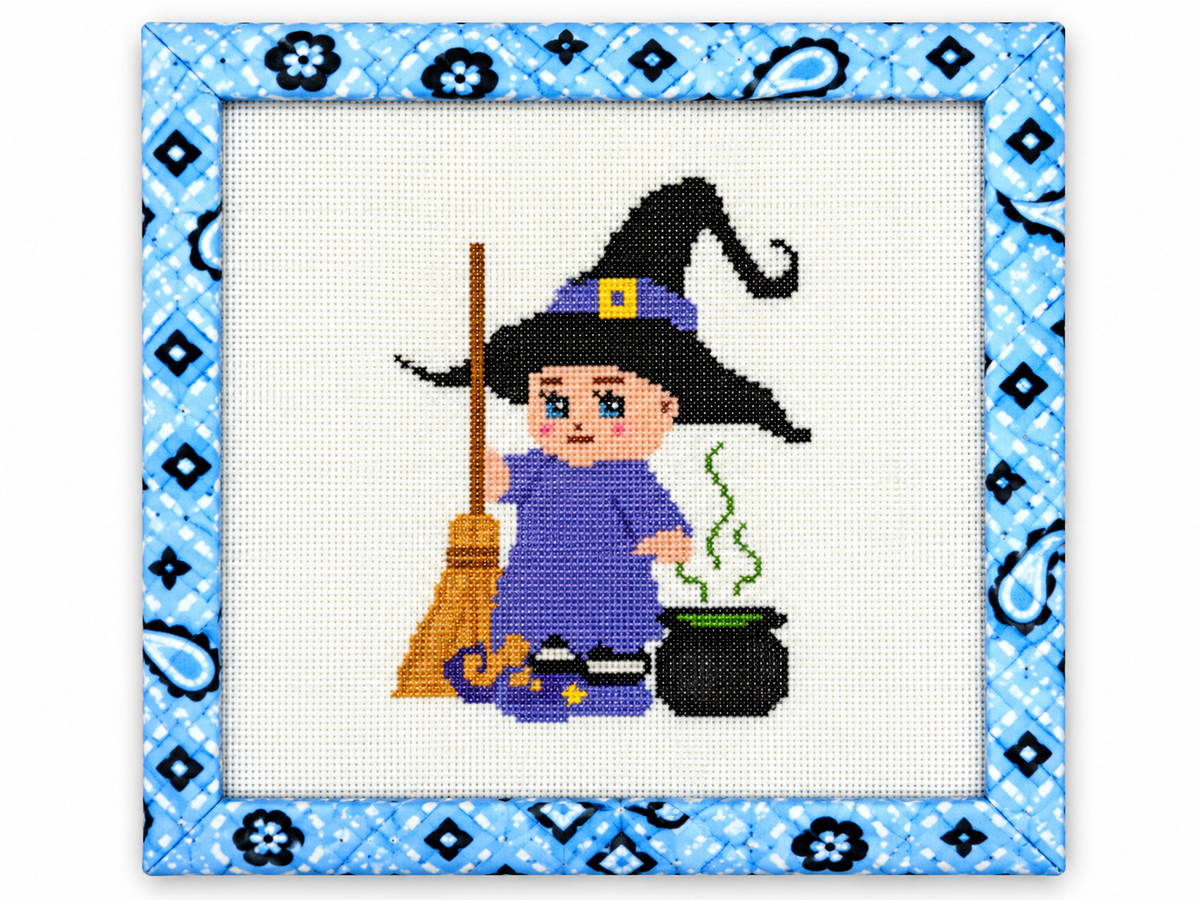Shop the Kewpie Witch needlepoint canvas at Fair Isle Needleworks, a 3 x 4-inch design on 18 mesh for Halloween stitching. Threads not included.