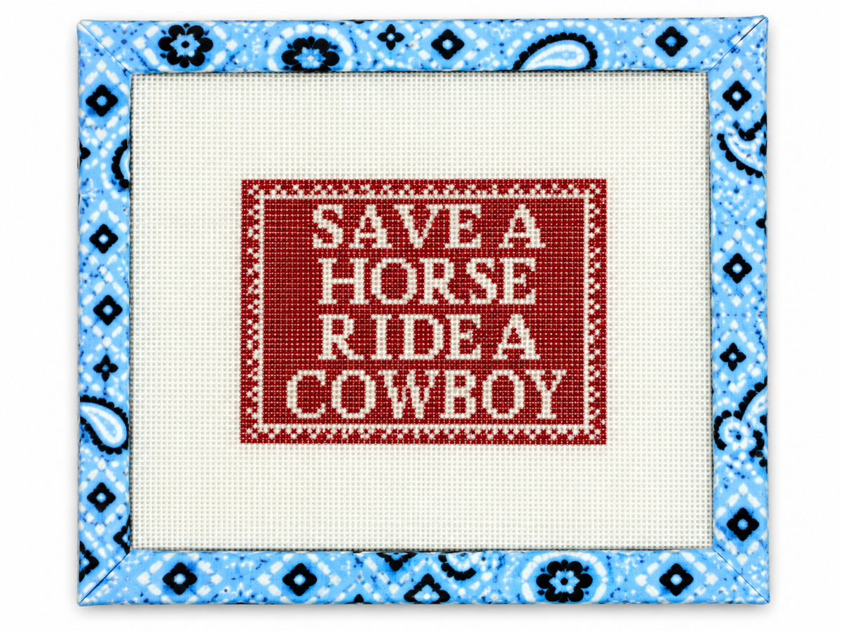 Shop Save a Horse Ride a Cowboy needlepoint canvas at Fair Isle Needleworks. Painted on 18 mesh with a 4.5 x 3-inch design. Threads not included.