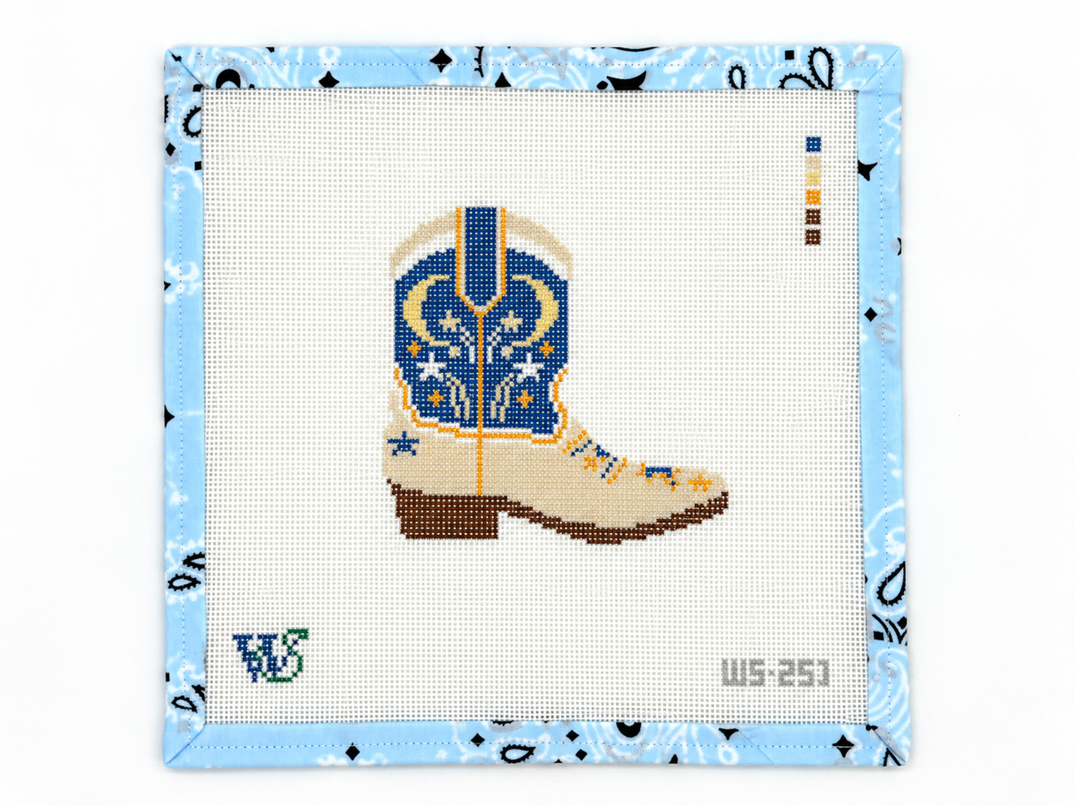 Moon & Stars cowboy boot needlepoint canvas by Wipstitch on 18 mesh, about 4" x 4". Canvas only; threads sold separately.