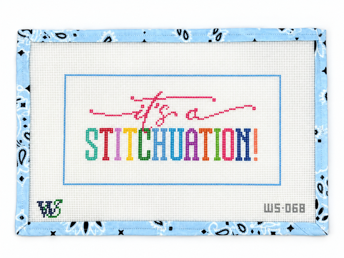 It's a Stituation needlepoint canvas by Wipstitch, printed on 13 mesh with a design about 10" x 5". Canvas only; threads sold separately.