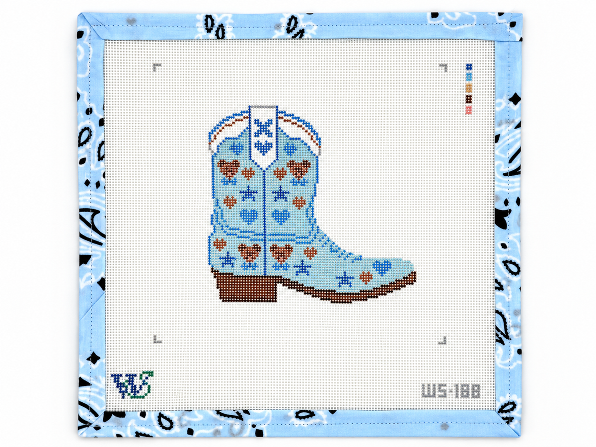 Baby blue cowboy boot needlepoint canvas by Wipstitch on 18 mesh, about 4" x 4". Canvas only; threads sold separately.