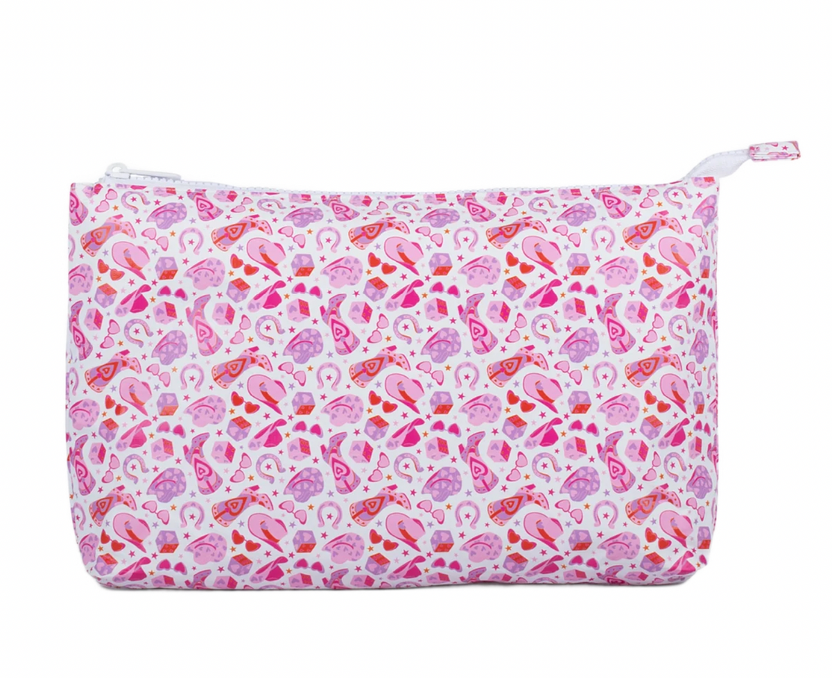 Cowgirl medium stash bag by Wipstitch, recyclable Tyvek, 11" x 7.5", pink, red and purple pattern. Waterproof project or travel bag.