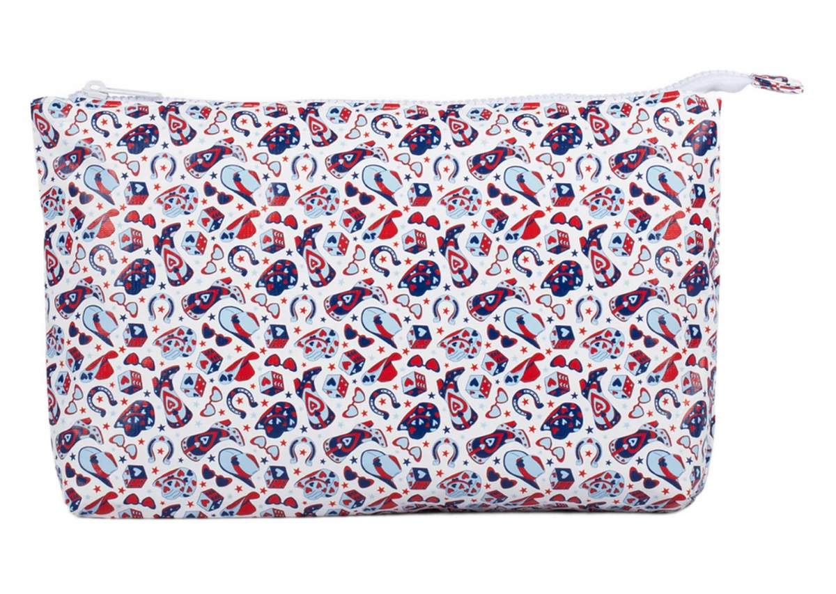 Cowgirl medium stash bag by Wipstitch, recyclable Tyvek, 11" x 7.5", red, white and blue pattern. Waterproof project or travel bag.
